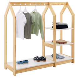 Penderie enfant SALLY en pin massif montessori avec 2 étagères portant en bois couleur naturelle et blanc