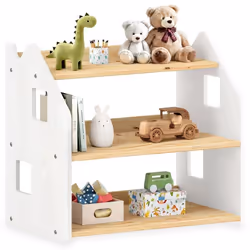 Étagère enfant YASMIN forme maison 3 étages 65 x 60 x 41 cm bois lasuré naturel/blanc – idéale chambre rangement Montessori