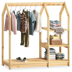Penderie Enfant SALLY H 120 cm en Bois Massif coloris naturel avec Étagères Portant Enfant Montessori Dressing