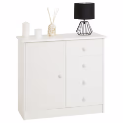 Commode en pin massif blanc RONDO buffet meuble de rangement avec 4 tiroirs et une porte