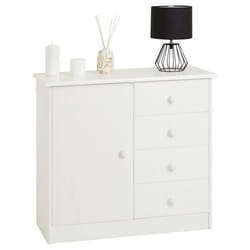 Commode en pin massif blanc RONDO buffet meuble de rangement avec 4 tiroirs et une porte