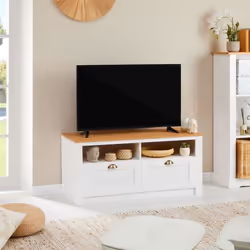 Meuble TV - IDIMEX - BOLTON - 2 tiroirs - Pin massif - Blanc et brun