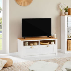 Meuble TV - IDIMEX - BOLTON - 2 tiroirs - Pin massif - Blanc et brun