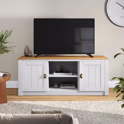 Meuble TV BOLTON - IDIMEX - Banc TV de 138 cm - Rangement 2 portes et 2 niches - Pin massif lasuré blanc et brun