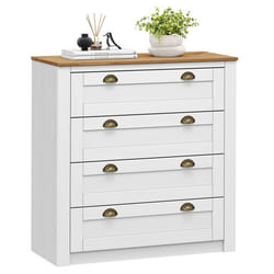 Commode chambre BOLTON L 91 cm en bois massif lasuré blanc et brun avec 4 grands tiroirs et poignées style campagne