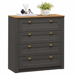 Commode chambre BOLTON L 91 cm en bois massif  gris anthracite et brun avec 4 grands tiroirs et poignées style campagne