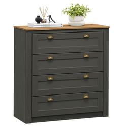 Commode chambre BOLTON L 91 cm en bois massif  gris anthracite et brun avec 4 grands tiroirs et poignées style campagne