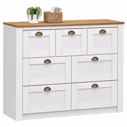 Commode chambre BOLTON L 110 cm en bois massif lasuré blanc et brun 7 tiroirs meuble de rangement adulte buffet