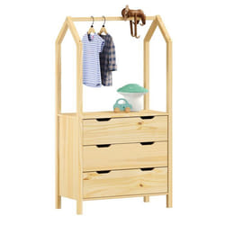 Commode AMIRA meuble de rangment pour enfant en forme de maison avec 3 tiroirs et 1 tringle en pin massif naturel