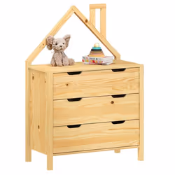Commode Enfant ELANO en Bois Massif coloris naturel avec 3 Tiroirs de Rangement 84 x 120 x 41 cm Meuble Chambre