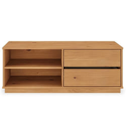 Meuble TV MAITE L 110 cm avec 2 tiroirs et 2 niches en bois massif coloris chêne pour télé jusqu’à 47 meuble TV salon