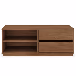 Meuble TV MAITE L 110 cm avec 2 tiroirs et 2 niches en bois massif coloris châtaignier pour télé jusqu’à 47