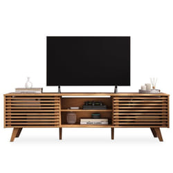 Meuble TV RIAN avec portes coulissantes et étagères ajustables 175 x 50 x 38 cm pin massif coloris chêne Meuble de salon moderne