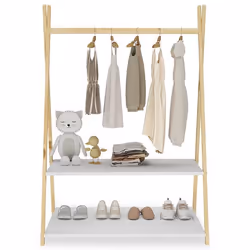 Penderie enfant DANILO avec tringle à vêtements et deux étagères design tipi en bois massif coloris naturel/ blanc