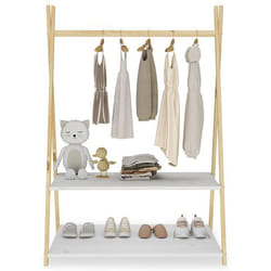 Penderie enfant DANILO avec tringle à vêtements et deux étagères design tipi en bois massif coloris naturel/ blanc