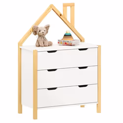 Commode Enfant ELANO en Bois Massif coloris naturel et blanc avec 3 Tiroirs de Rangement 84 x 120 x 41 cm