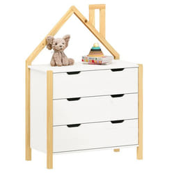 Commode Enfant ELANO en Bois Massif coloris naturel et blanc avec 3 Tiroirs de Rangement 84 x 120 x 41 cm