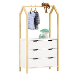 Commode enfant AMIRA H 152 cm en bois massif coloris naturel et blanc type Montessori avec 3 tiroirs et 1 tringle