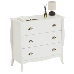 Commode de chambre ANTOINETTE style baroque rococo design moderne rangement avec 3 tiroirs en pin massif lasuré blanc