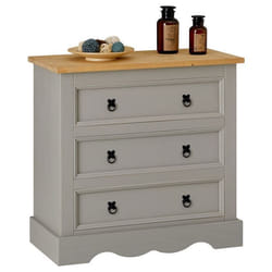 Commode TEQUILA buffet bahut vaisselier en bois style mexicain avec 3 grands tiroirs en pin massif lasuré gris et brun