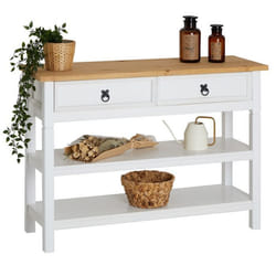 Table console TEQUILA table dappoint style mexicain avec 1 grand tiroir et 2 étagères en pin massif lasuré blanc et brun