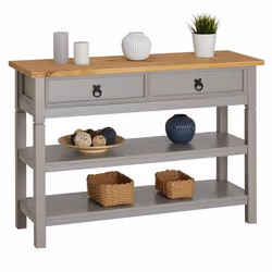 Table console TEQUILA table dappoint style mexicain avec 1 tiroir et 2 étagères en pin massif lasuré gris et brun