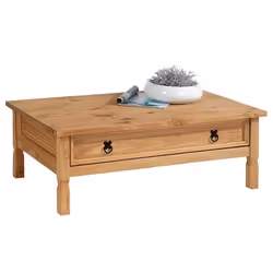 Table basse de salon TEQUILA plateau rectangulaire en bois style mexicain avec 1 grand tiroir en pin massif teinté et ciré