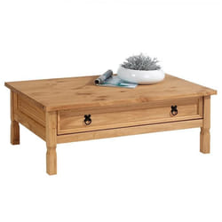 Table basse de salon TEQUILA plateau rectangulaire en bois style mexicain avec 1 grand tiroir en pin massif teinté et ciré