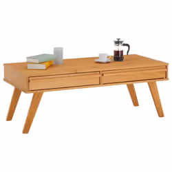 Table basse JONA style scandinave table de salon rectangulaire avec 2 tiroirs en pin massif lasuré brun