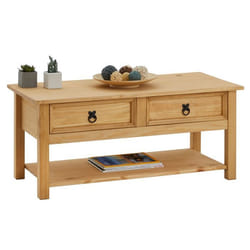 Table basse TEQUILA table de salon rectangulaire style mexicain avec 2 tiroirs et 1 étagère inférieure en pin massif teinté/ciré