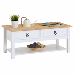 Table basse TEQUILA table de salon rectangulaire style mexicain avec 2 tiroirs et 1 étagère inférieure en pin massif blanc et