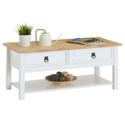 Table basse TEQUILA table de salon rectangulaire style mexicain avec 2 tiroirs et 1 étagère inférieure en pin massif blanc et