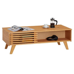 Table basse SEAN table de salon rectangulaire design vintage avec 4 niches et des portes coulissantes ajourées en pin teinté/ciré