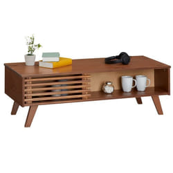 Table basse SEAN table de salon rectangulaire design vintage 4 niches et des portes coulissantes ajourées en pin lasuré brun