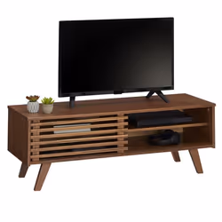 Meuble TV SEAN banc télé de 115 cm au design vintage avec 4 niches et 1 porte coulissante ajourée en pin massif lasuré brun f ...