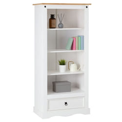 Bibliothèque TEQUILA étagère en bois style mexicain avec 3 tablettes et 1 tiroir en pin massif lasuré blanc et brun