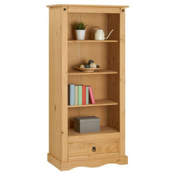 Bibliothèque TEQUILA étagère en bois style mexicain avec 3 tablettes et 1 tiroir en pin massif à la finition teintée/cirée