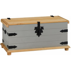 Coffre de rangement en pin tequila style mexicain, lasuré gris et brun