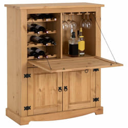 Meuble bar à vin en pin tequila style mexicain, finition teintée/cirée