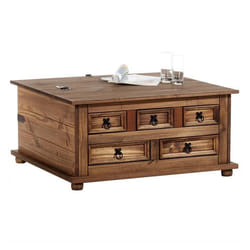 Table basse de salon TEQUILA coffre malle de rangement rectangulaire en bois style mexicain avec 5 tiroirs pin massif lasuré brun