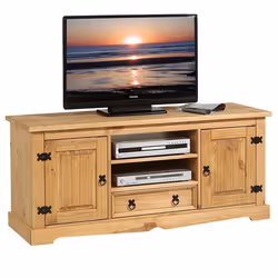 Meuble TV TEQUILA banc télé de 140 cm style mexicain avec 1 tiroir 2 niches et 2 portes en pin massif finition teintée/cirée