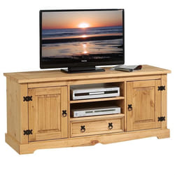 Meuble TV TEQUILA banc télé de 140 cm style mexicain avec 1 tiroir 2 niches et 2 portes en pin massif finition teintée/cirée