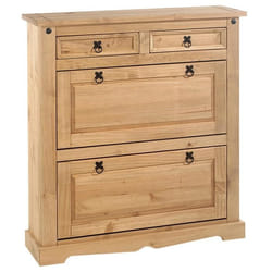 Meuble à chaussures TEQUILA style mexicain armoire 2 abattants et 2 tiroirs rangement 16 paires pin massif finition teintée/cirée