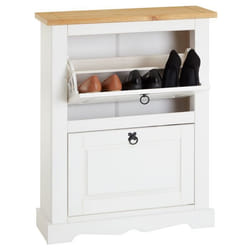 Meuble à chaussures TEQUILA style mexicain armoire à chaussures avec 2 abattants en pin massif lasuré blanc et brun