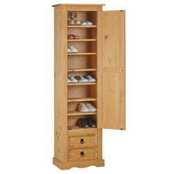 Armoire TEQUILA meuble de rangement avec 7 tablettes derrière 1 porte battante et 2 tiroirs en pin massif finition teintée/cirée