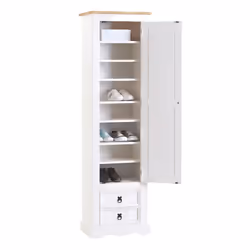 Armoire TEQUILA meuble de rangement avec 7 tablettes derrière 1 porte battante et 2 tiroirs en pin massif lasuré blanc et bru ...