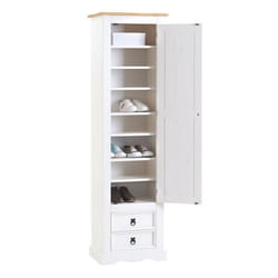 Armoire TEQUILA meuble de rangement avec 7 tablettes derrière 1 porte battante et 2 tiroirs en pin massif lasuré blanc et brun
