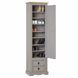Armoire TEQUILA meuble de rangement avec 7 tablettes derrière 1 porte battante et 2 tiroirs en pin massif lasuré gris et brun