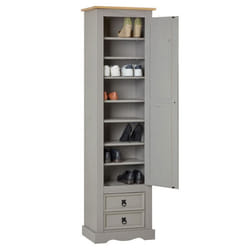 Armoire TEQUILA meuble de rangement avec 7 tablettes derrière 1 porte battante et 2 tiroirs en pin massif lasuré gris et brun