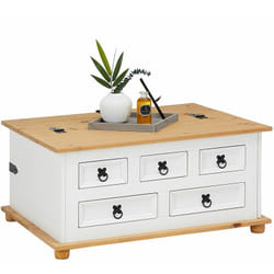 Table basse coffre en pin tequila style mexicain, avec 5 tiroirs, lasuré blanc et brun